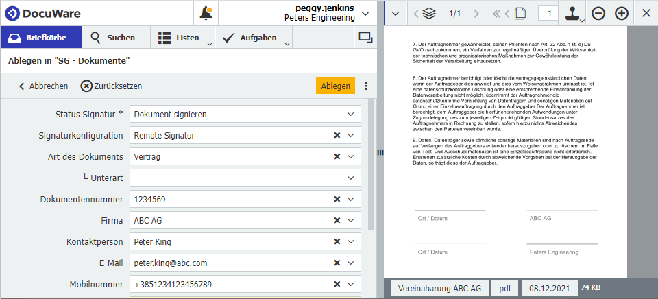 Der DocuWare Client ist der Startpunkt für einen digitale Signaturprozess